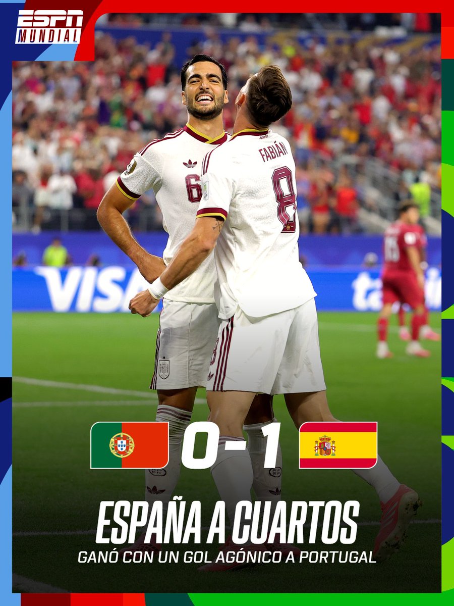 ESPNArgentina's tweet photo. 🇪🇸😱 TRIUNFO AGÓNICO DE ESPAÑA PARA DEJAR AFUERA A CR7 Y PORTUGAL: Con gol de Mikel Merino a los 90', la Furia derrotó 1-0 a Portugal y avanzó a los cuartos de final de la Copa del Mundo. 

🇺🇲🇧🇪 Espera por el vencedor de Estados Unidos vs. Bélgica. 

⚽ #ESPNMundial

📺 Mira los mejores partidos de la #FIFAWorldCup por ESPN, en el Plan Premium de #DisneyPlus