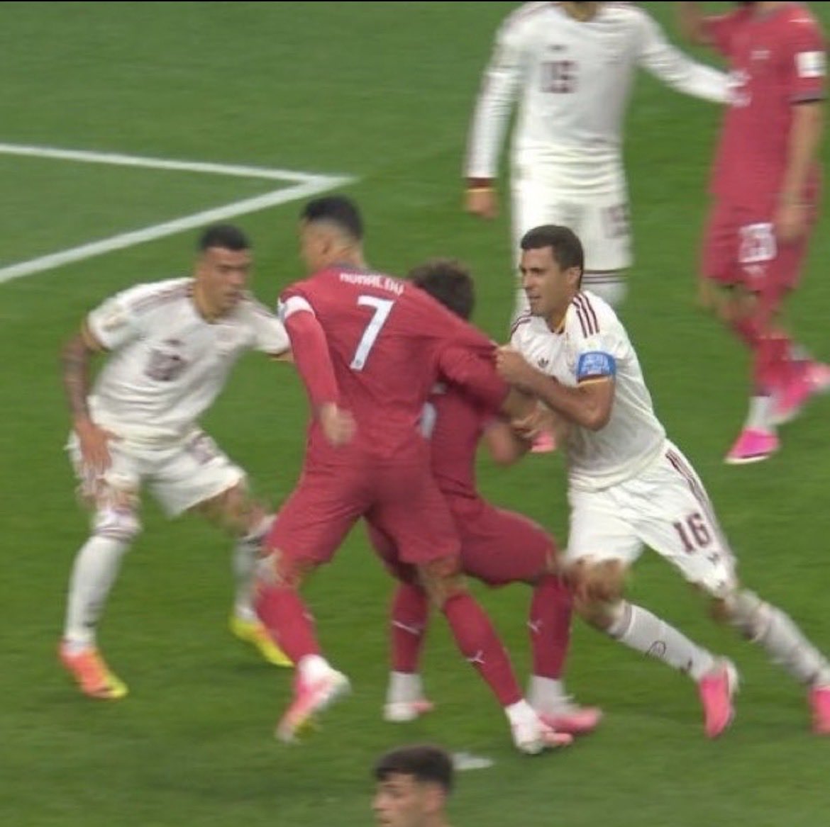 MoonTradingFx's tweet photo. Rodri pulled Cristiano Ronaldo's shirt within the box, yet no penalty was given by the referee. Wtf 🤬 

#PortugalVsSpain #PORvsESP #CR7 #CristianoRonaldo #Ronaldo #SIUUU #GOAT #RonaldoLegacy #VamosPortugal #PortugalNT #WorldCup2026 #FIFAWorldCup #FootballTwitter #MatchDay https://t.co/YuHCDIADE4