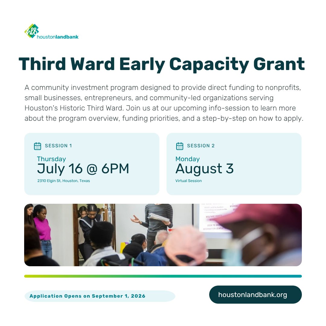 HTXLandBank's tweet photo. Grow your impact in Third Ward! 🌱
✔️ Attend an info session
✔️ Prepare your application
✔️ Apply when applications open
✔️ Help shape community funding decisions
Funding begins in January 2027. Learn more through the link in our bio! https://t.co/800I1NRGu6