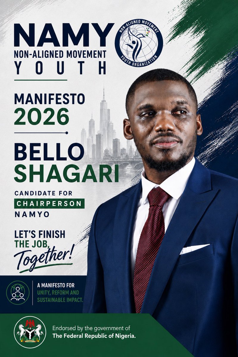 Belshagy's tweet photo. I am happy to announce my candidacy for the Chairperson of @namyouthorg, one of the world’s largest multilateral youth organisations.  I’m also honoured to have secured the endorsement of @fmydNG. This represents Nigeria and Africa at large. #LetsFinishTheJob https://t.co/6U7jT0Oh5D