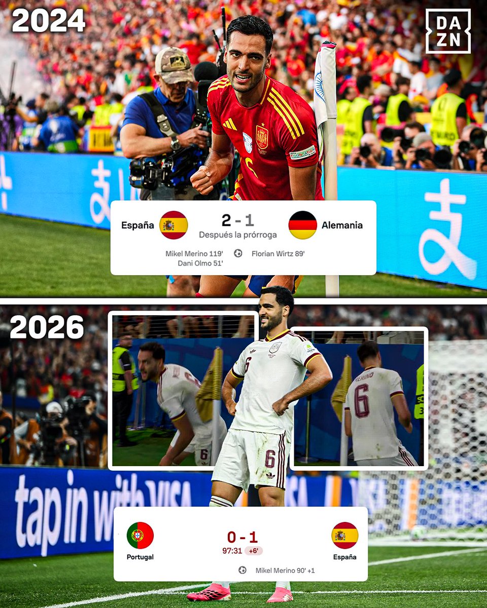 DAZNFutbol's tweet photo. IGUAL QUE EN LA EUROCOPA 2024… MERINO SALVA A ESPAÑA CON UN GOL EN EL ÚLTIMO MINUTO ❤️‍🩹🇪🇸

Vuelve a acordarse de su padre en un momento tan importante 

#DAZNMundial #FIFAWorldCup https://t.co/vEDbV5P3GS