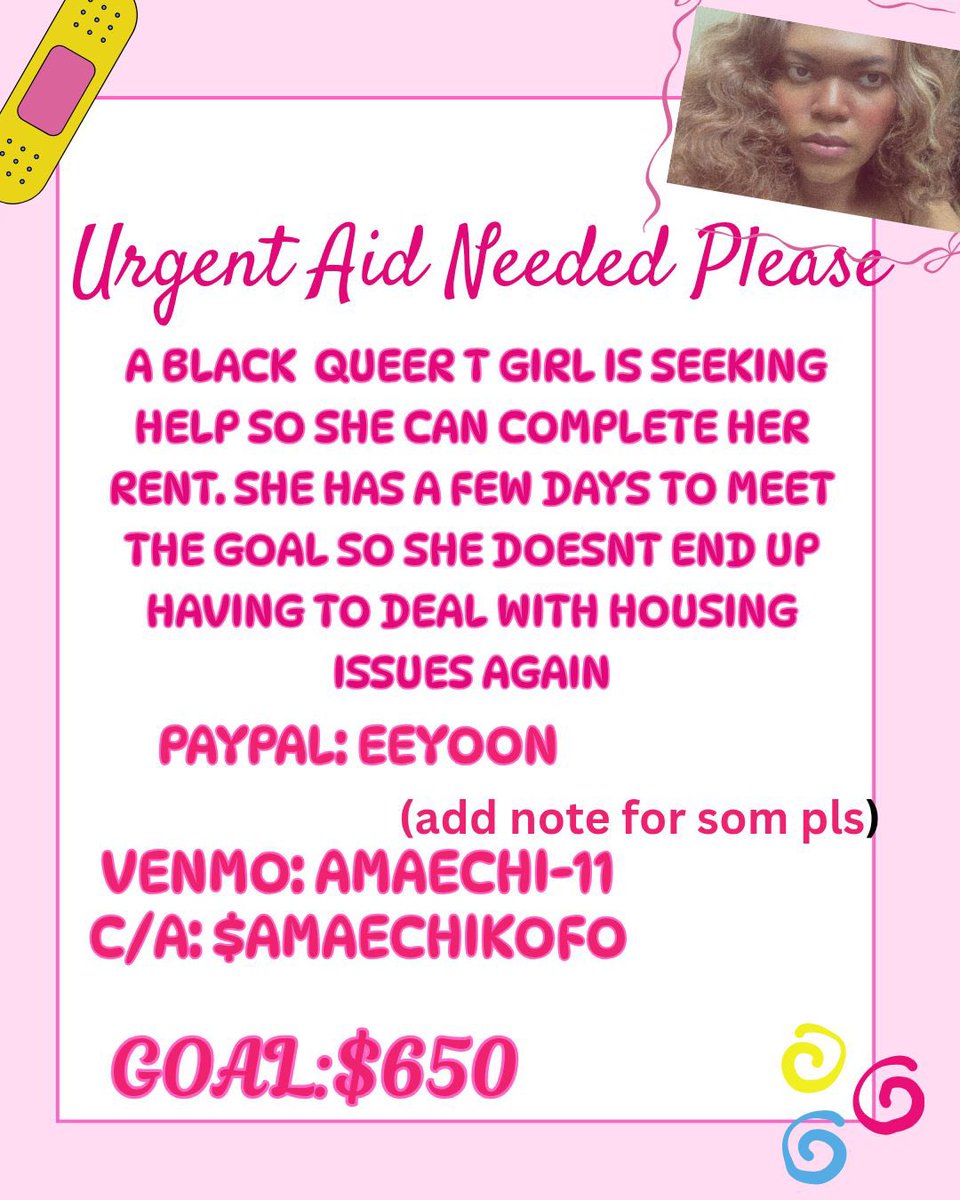 grassfay's tweet photo. a black trans girl needs help with rent 

pls doughnate and rt 

paypal: eeyoon 
venmo: amaechi-11
c/a: $amaechikofo https://t.co/VtQeRoNGCA
