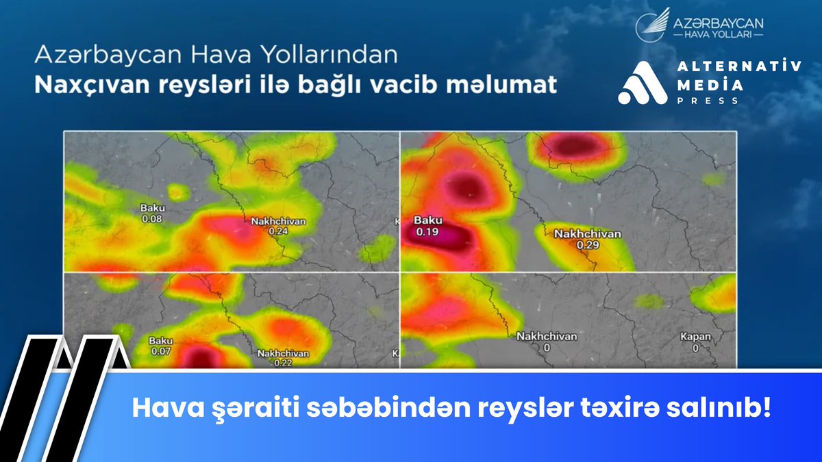 AIternativMedia's tweet photo. ✈️ AZAL-ın 6 iyul tarixinə planlaşdırılan bəzi Bakı–Naxçıvan reysləri ildırımlı hava şəraiti səbəbindən təxirə salınıb.
⚠️ Şirkət bildirir ki, uçuşlarla bağlı qərarlar marşrut üzrə meteoroloji şərait nəzərə alınaraq sərnişinlərin təhlükəsizliyi naminə qəbul edilir.
#AZAL https://t.co/6dozedB5KR