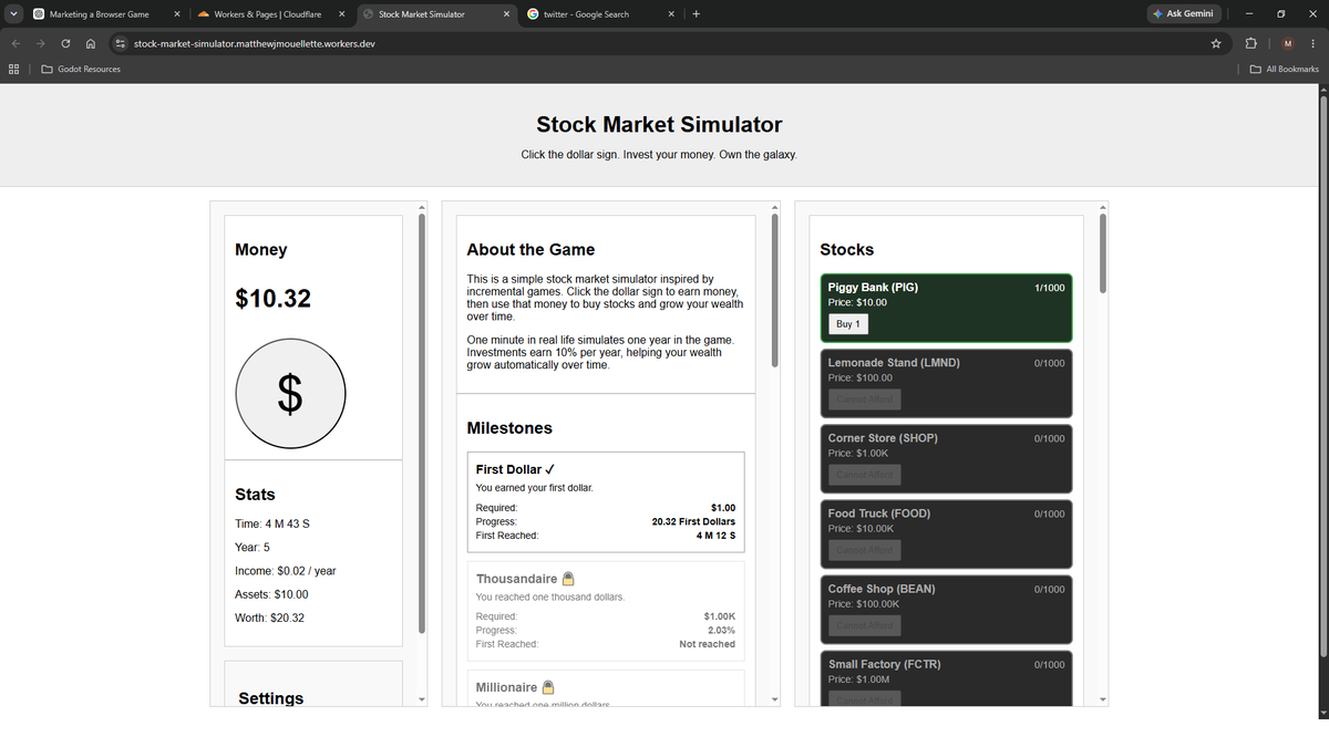 WarGame30933851's tweet photo. Stock Market Simulator.
Free browser game.

Exponential growth speed pp. Make 10% a year gains every minute.  Experience investing speed up. See what happens. Learn about the future of investing.

https://t.co/kICKgfTIic

#gamedev #indiedev #webgame #education https://t.co/JSDS5LHm2P