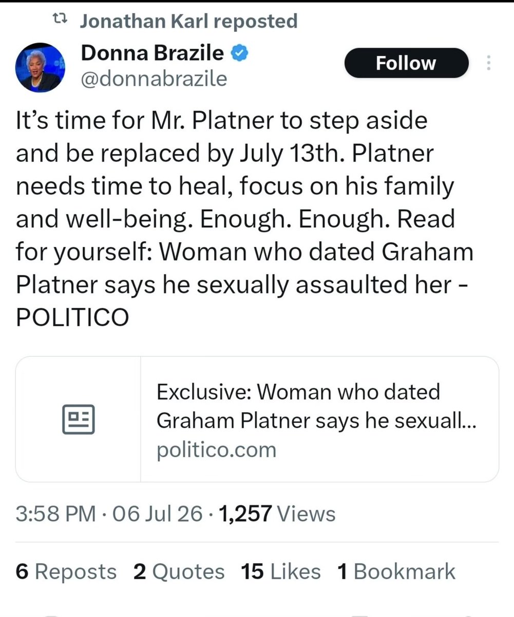 Gap422's tweet photo. This cheating fool cannot possibly be serious! Platner needs “time to heal”?!! You done lost your mind. Go away, crazy lady @donnabrazile https://t.co/bbG3A5awce