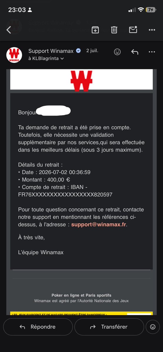 zobabeille's tweet photo. Bonjour @WinamaxSport cela fait maintenant pres de 5 jours que j’ai effectué un retrait qui n’est toujours ps arrivé. Est-ce possible d’avoir des réponses ? Merci. https://t.co/FQq5mtFWA5