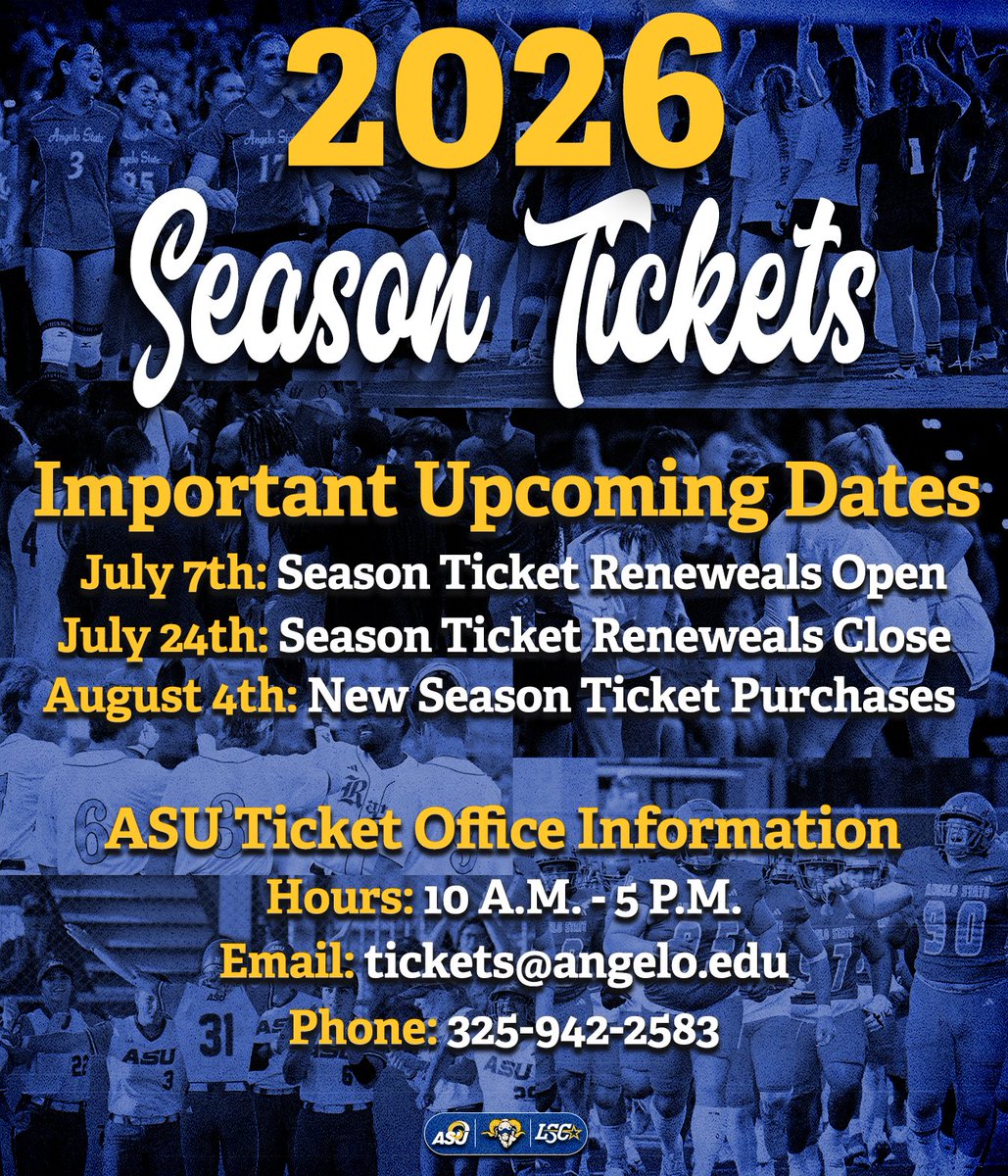 angeloathletics's tweet photo. Season ticket renewals will kickoff tomorrow morning! 🎟️

Lock in your seats for another year of Angelo State sports! 🐏

#RamFam https://t.co/vJlwvK3itV