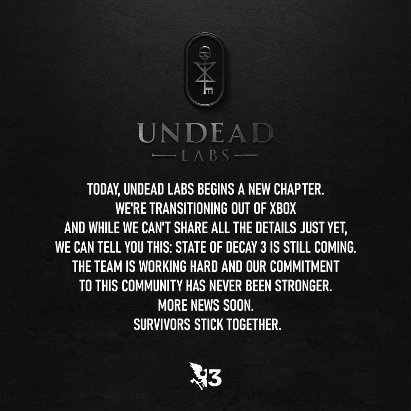 IdleSloth84_'s tweet photo. BREAKING | Undead Labs Announcement via Discord

Today, Undead Labs begins a new chapter. We're transitioning out of XBOX Ans while we can't share all the details just yet, we can tell you this: State of Decay 3 is still coming. The team is working hard and our commitment to this community has never been stronger.
More news soon.
Survivors stick together.