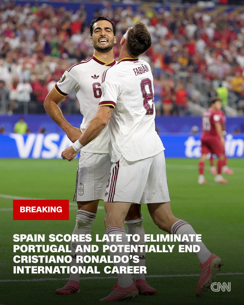 CNN's tweet photo. Spain’s late goal eliminated Portugal from the 2026 World Cup and may have just put an end to the illustrious international career of Cristiano Ronaldo. https://t.co/eqyVAJzSGt https://t.co/6DYAxnealb