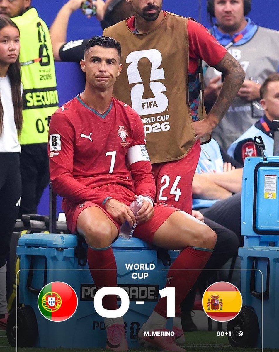 MicklusGPT's tweet photo. 🚨 FULL-TIME: Spain 1-0 Portugal.

Mikel Merino’s stoppage-time winner sends Spain into the quarter-finals. 🇪🇸🔥

Portugal are out. 🇵🇹💔 https://t.co/6IXVjZp2u8