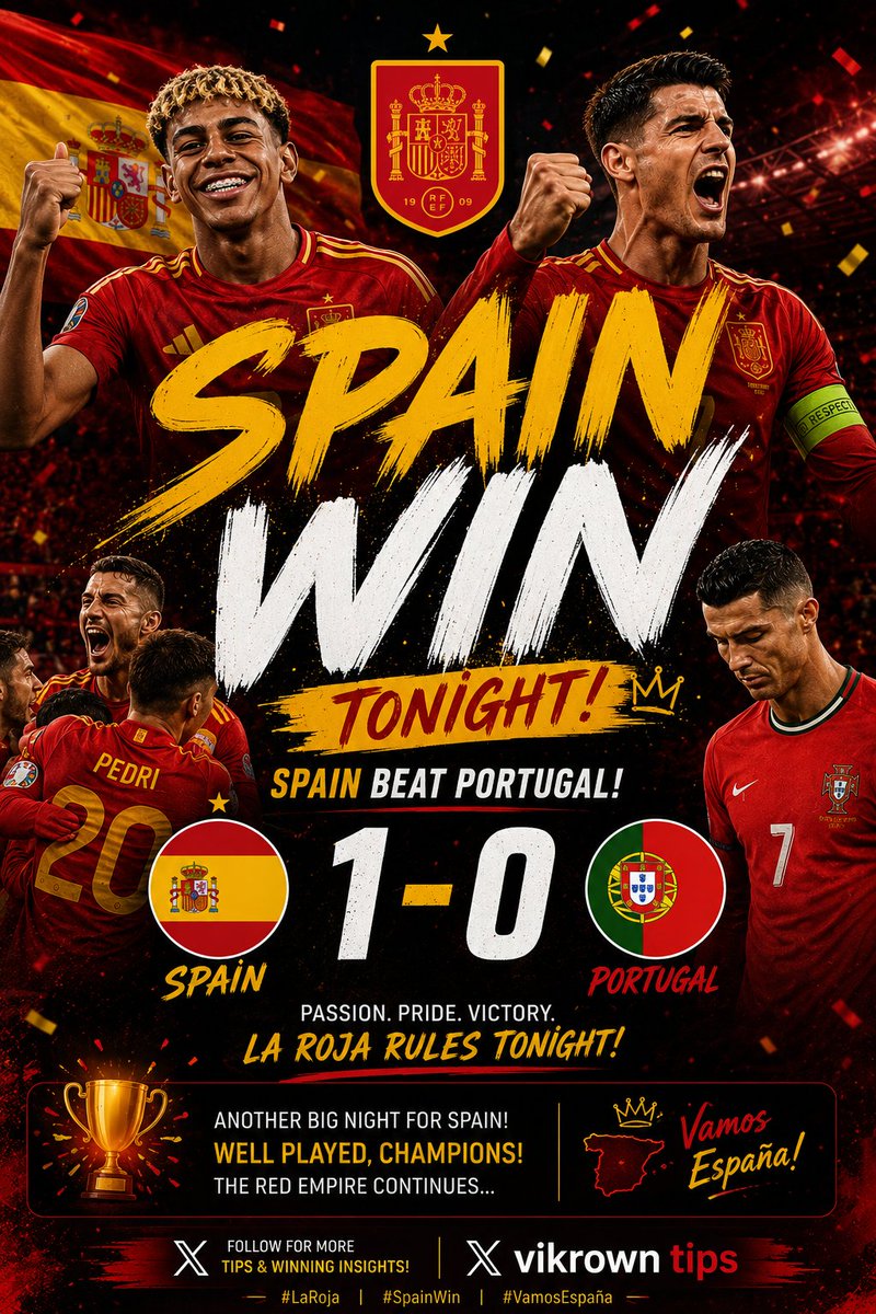 Emmanue7266079's tweet photo. Spain gets the job done with a disciplined and determined performance to edge Portugal 1-0. A massive result, a clean sheet, and another statement from La Roja. Spain #LaRoja    #SpainVsPortugal #ESPPOR #Football #Soccer #UEFA #MatchDay #FullTime #Victory #SpainWin #FootballX https://t.co/QfVIeJXepp
