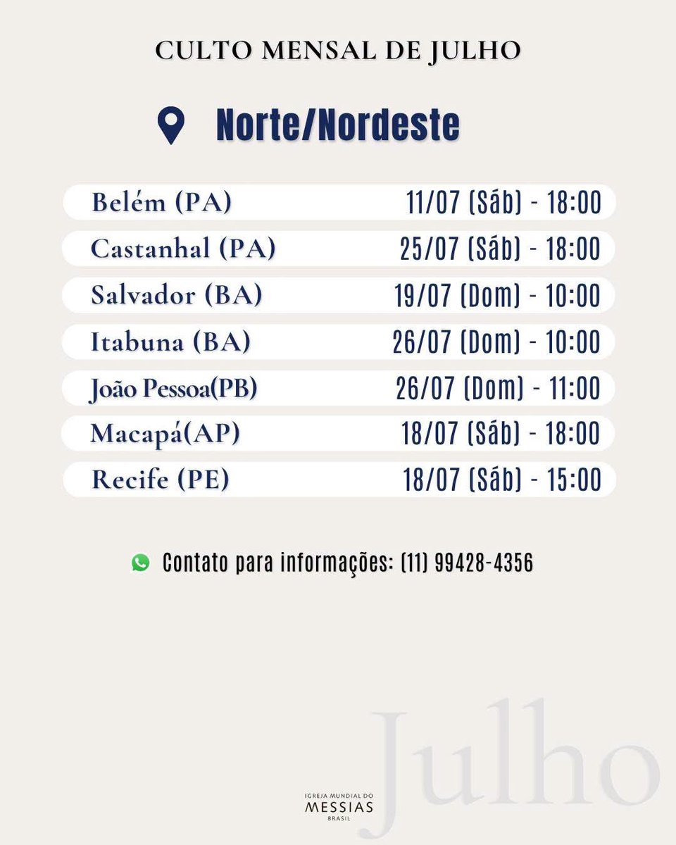 IMMessiasBR's tweet photo. Participe do Culto Mensal de Julho. 

Todos os cultos na Igreja Mundial do Messias são realizados pela autoridade de Kyoshu-Sama e do Masaaki-Sama.

Veja o culto mais próximo de você!

#MasaakiSama
#MeishuSama
#JesusCristo
#IgrejaMundialdoMessiasBrasil
#CultoMensalDeJulho https://t.co/tViK5K8HxV