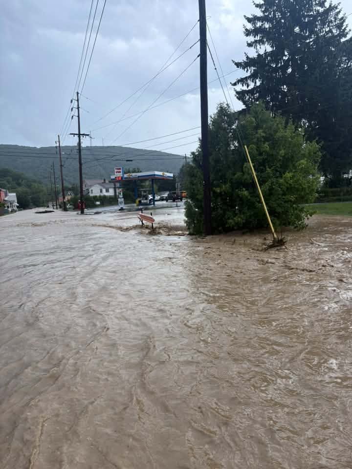 PAWeatherPlus's tweet photo. Tyone, Pennsylvania, must have been the epicenter of the flash flooding Sunday afternoon based on all of the photos and videos. Here is another photo of a flooded-out street. REMEMBER: Do not walk/drive through flooded waters. You never know how deep the water is! Thank you for sharing, Allison Wilinski. #PAwx #Pennsylvania #FlashFlood