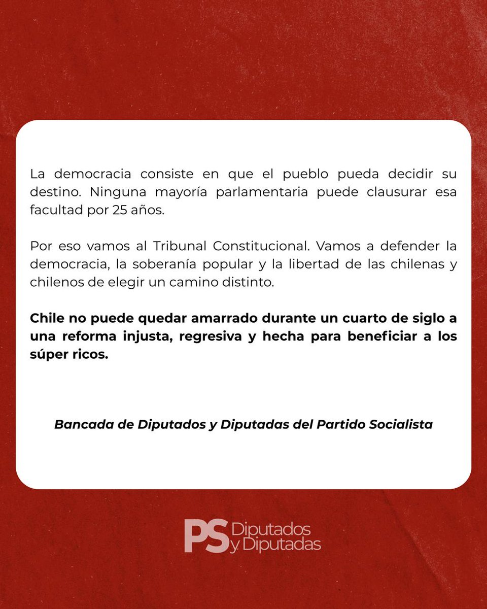 periodistemilio's tweet photo. 🚨 Partido Socialista acudirá al Tribunal Constitucional para botar la invariabilidad tributaria de la megarreforma y "frenar la llamada Ley de los Súper Ricos, impulsada por el Gobierno de Kast (...) Una mayoría circunstancial de hoy quiere ponerle candado a mayorías de mañana". https://t.co/Q5F0Symibr