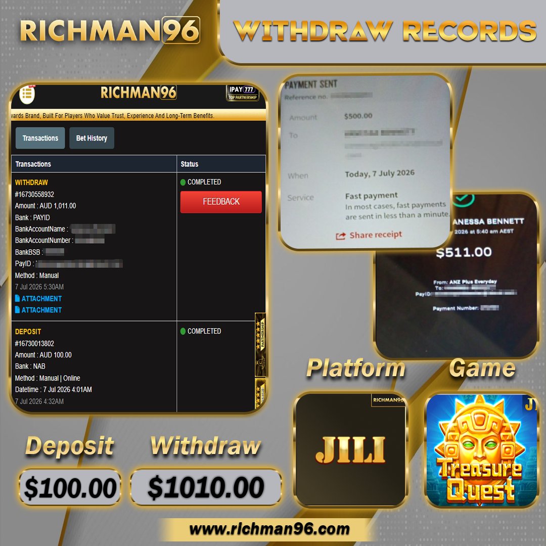 richman6663's tweet photo. ♠️ Congratulations To Our Dearly Menber Successful Withdraw ♠️
🎰PLATFORM: JILI 
🎮GMAE: TREASURE QUEST
💵DEPOSIT: 100.00 AUD
💵WITHDRAW: $ 1,010.00 AUD https://t.co/7KnMC8Gaag