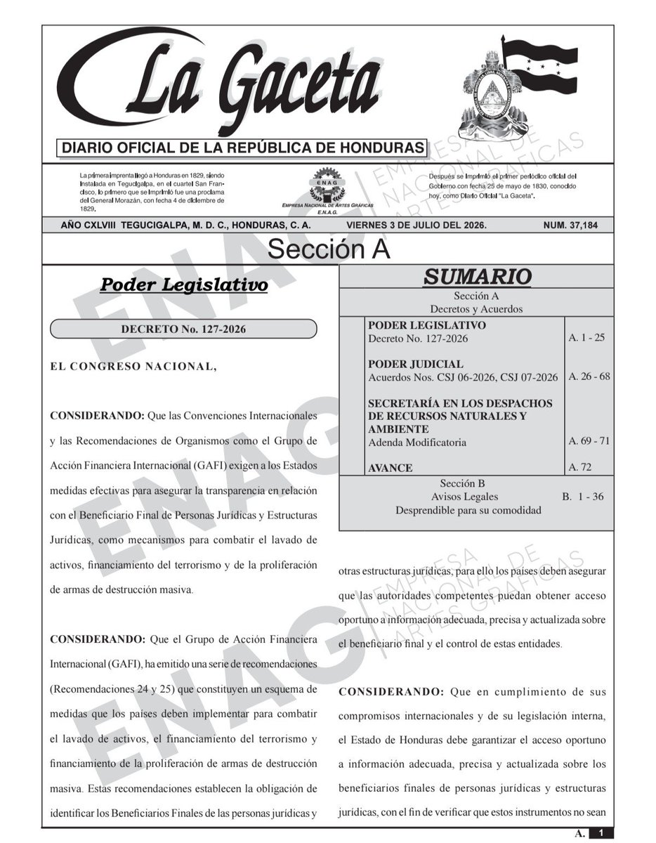 Aldoro's tweet photo. Es ley. Publicada en La Gaceta la Ley de Transparencia y Registro Centralizado de Beneficiario Final. https://t.co/WHimxB3DKL