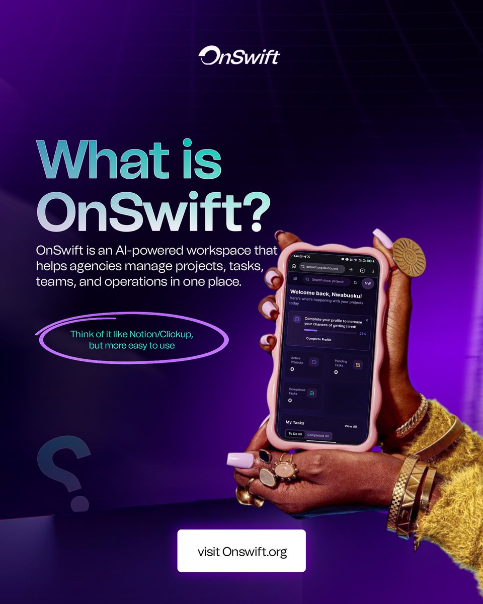 OnSwift_'s tweet photo. Running an agency or a freelance business shouldn't feel like managing 5 different apps.

That's why we are building OnSwift, an AI-powered workspace that brings your projects, tasks, and team in 1 place, so you can spend less time managing work and more time growing your agency. https://t.co/N8Xd4tSUCv
