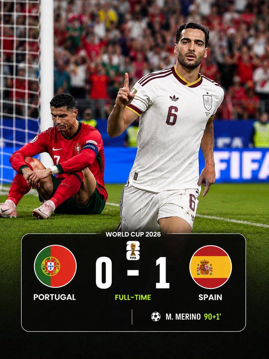 winningbarak's tweet photo. 📺SPAIN BREAK PORTUGAL’S HEART!
Portugal 🇵🇹 0️⃣-1️⃣ Spain 🇪🇸
M. Merino (90+1’) A dramatic stoppage-time winner sends Spain through! 
Was this the most heartbreaking defeat of Ronaldo’s World Cup career? https://t.co/wdez121PzR