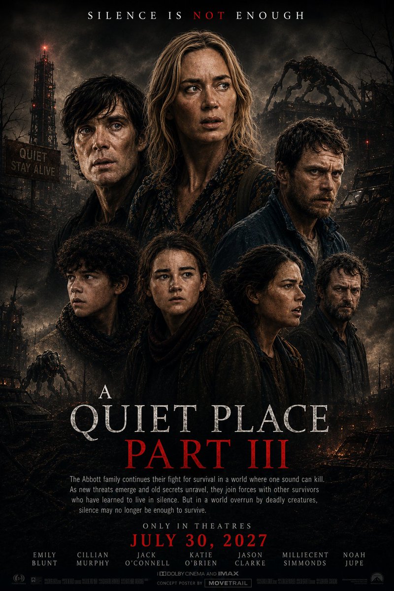 movetrail's tweet photo. My fan-made concept poster for A Quiet Place Part III (2027). Official story not revealed yet.
Source: IMDb
#AQuietPlace #2027 https://t.co/fz6hhjBeTI