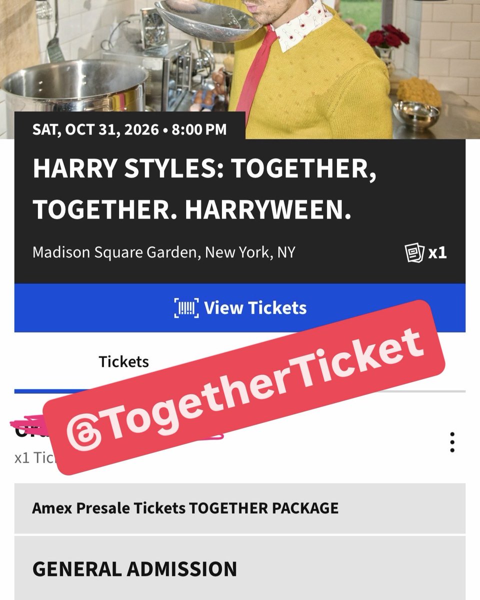 TogetherTicket's tweet photo. 🎟️ Selling 1 NYC VIP Together Package Pit ticket for Harryween 10/31!

- $1152 + G&amp;S fees

DM us if interested

#HarryStyles #TogetherTogetherTour harry styles new york city msg harryween halloween general admission pit ticket https://t.co/UczztrcFs7