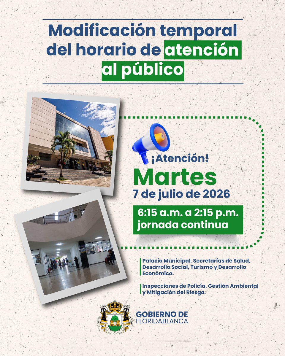 Alcaldiafblanca's tweet photo. ¡Información de servicio!

Este martes 7 de julio se atenderá a la comunidad en horario de 6:15 a. m. a 2:15 p. m., en jornada continua.

Se invita a la ciudadanía a programar sus trámites y gestiones dentro de este horario para garantizar una atención oportuna. https://t.co/ECfgekwFNI