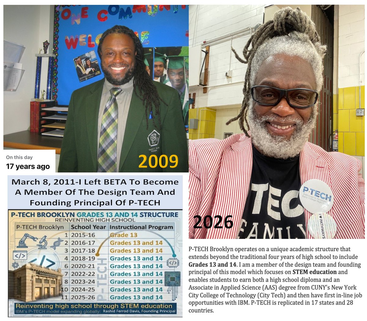 rashidfdavis's tweet photo. #july4th #america250 #ptech #weareptech @rashidfdavis @PathwaysInTech @NYCSchools @BlackCaucusCSA @CSABKLYN @FollowCSA @NYSEDNews @CUNY @CUNYUA_District @citytechcuny @IBM @NewVisionsNYC 

P-TECH Brooklyn operates on a unique academic structure that extends beyond the traditional four years of high school to include Grades 13 and 14. I am a member of the design team and founding principal of this model which focuses on STEM education and enables students to earn both a high school diploma and an Associate in Applied Science (AAS) degree from CUNY's New York City College of Technology (City Tech) and then have first in-line job opportunities with IBM. P-TECH is replicated in 17 states and 28 countries.