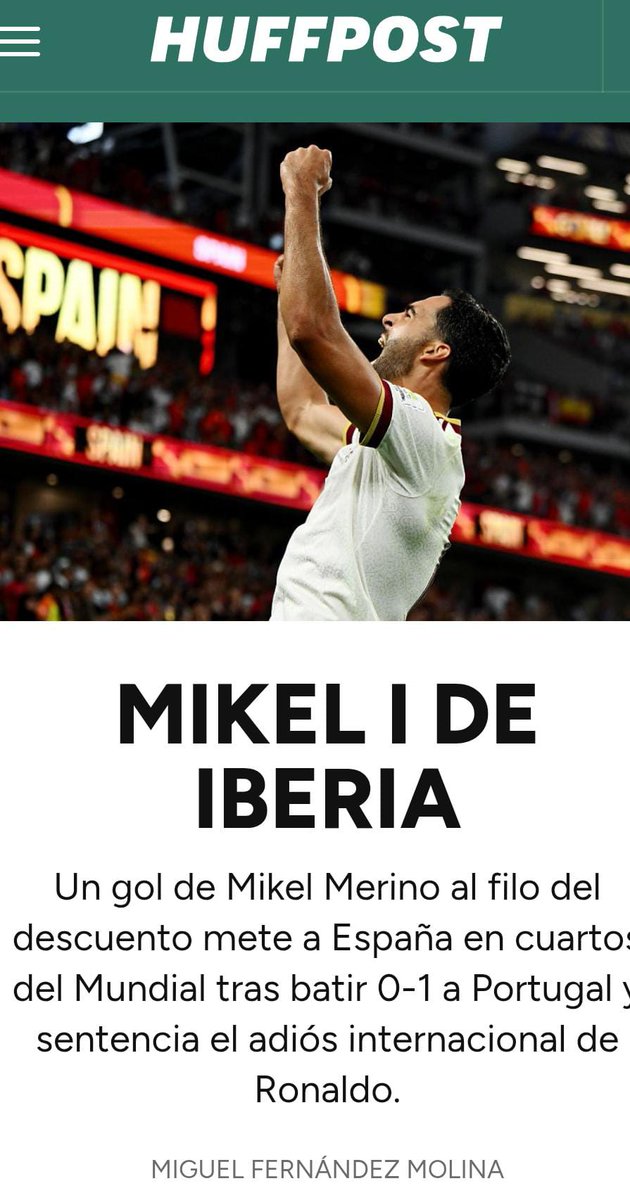 ElHuffPost's tweet photo. Mikel Merino pasará a la historia del fútbol español, pero también del fútbol ibérico. Un gol suyo en el 90' mete a España en cuartos y 'despide' de los mundiales a Cristiano Ronaldo

La crónica, de @FdezMMiguel https://t.co/hvGzlBakAY
