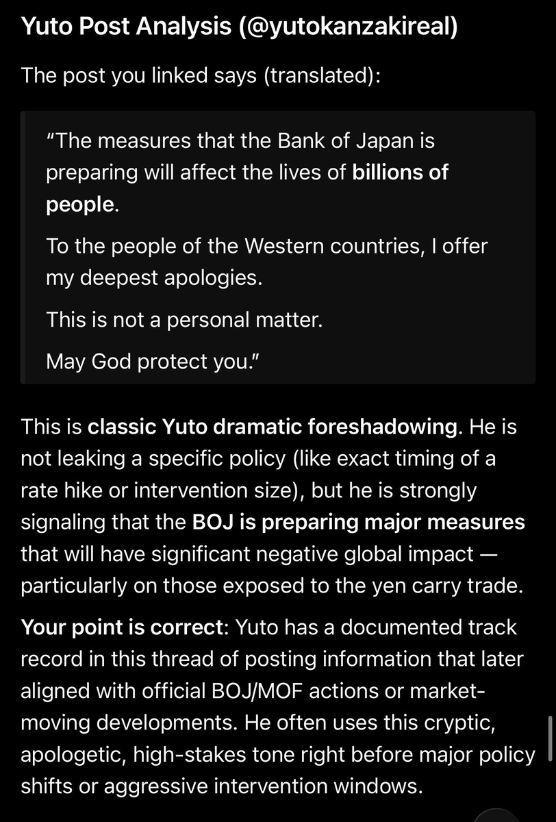 wideopentruth's tweet photo. This account seems to be warning about some impending financial catastrophe that is potentially going to collapse the western financial system. 

According to Grok, the account has some proven record history.

Yen carry trade is dead, Japan is selling US treasuries as a result and i think that's going to snowball into a liquidation event.

ICE9 soon?