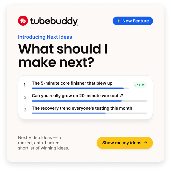 TubeBuddy's tweet photo. 🚨 NEW FEATURE ALERT 🚨

Introducing **Next Ideas** — a new TubeBuddy feature that gives you a ranked shortlist of what to make next, pulled from your own channel + niche. link in bio. 

#TubeBuddy #YouTubeTips #ContentCreator #CreatorTools https://t.co/3HkwDwDfKo