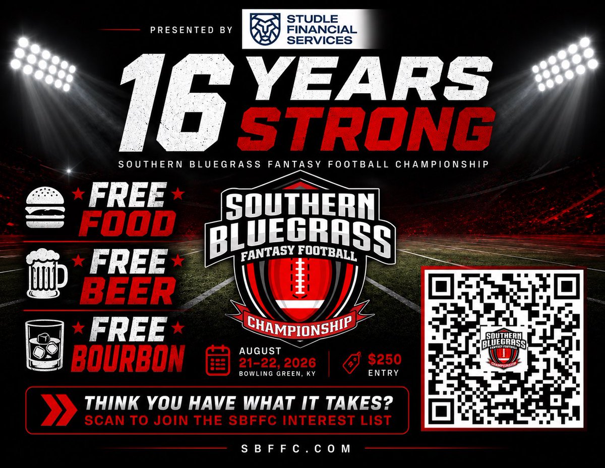 TheSBFFC's tweet photo. Hello there, limited spots available for the @TheSBFFC live in person tournament on August 21/22 in Kentucky, just north of Nashville.  @LeagueSafe processes the payouts, compete against @RotoWireNFL @JimCoventryNFL &amp; @SteveOnFantasy and sign up today!

@TennesseEVBets please RT https://t.co/G6KGzoDrP8