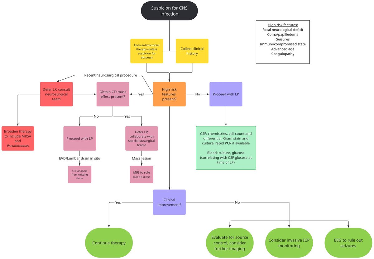 ICUAlgorithmLab's tweet photo. Managing CNS infections (meningitis, encephalitis, abscesses) in the ICU? 🏥
Key takeaways from the latest review by Busl, Ordway, & Sonneville:
1️⃣ Prioritize the first hour for treatment initiation.
2️⃣ Recognize the limits of CSF-based diagnostics.
3️⃣ Use non-CSF pathways for brain abscesses.
Real-life case examples included! 
Busl et al.
Read article here: https://t.co/MoYKnpu42y
#NeuroCriticalCare #ICU #FOAMed