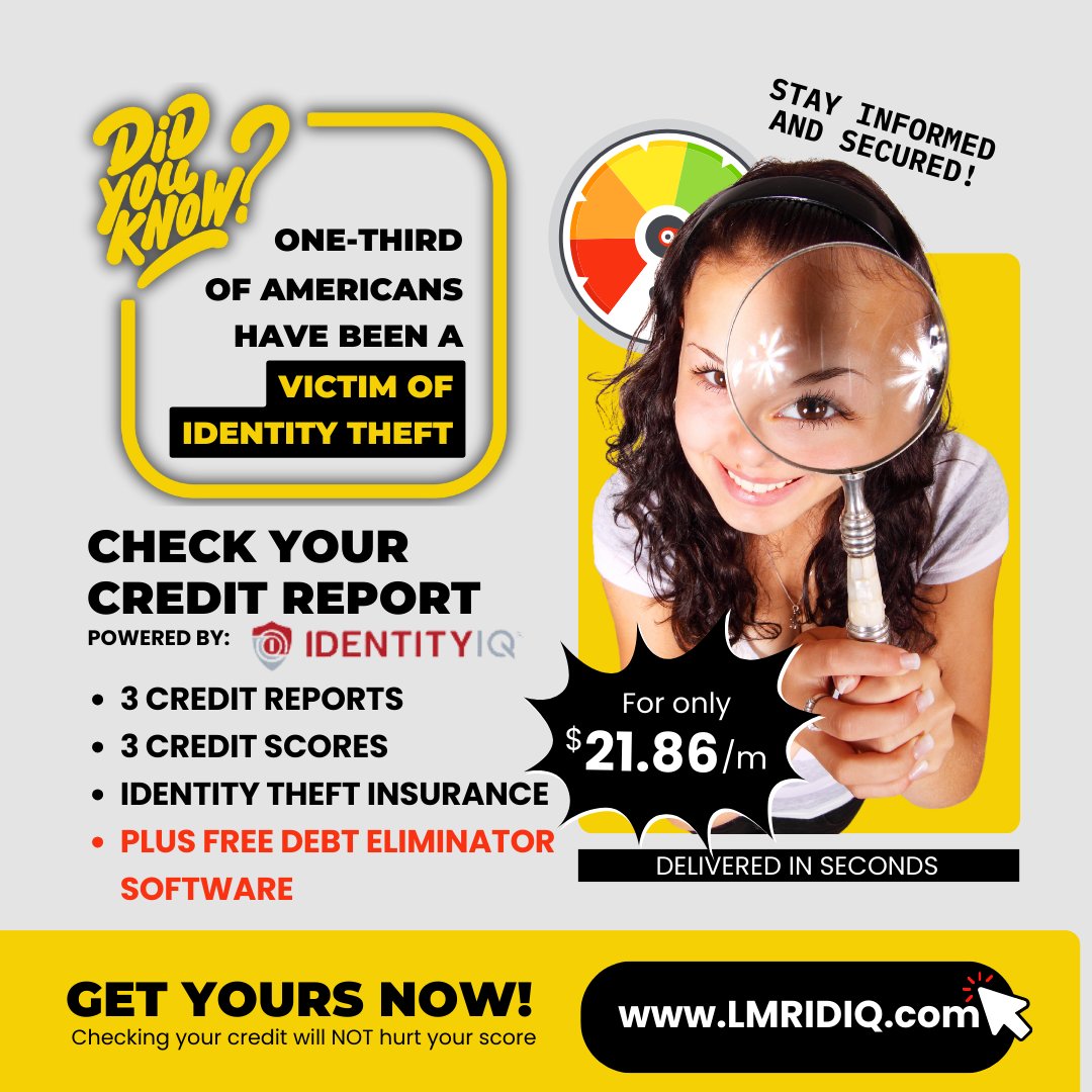 LMRINTL's tweet photo. Your Identity Could Be at Risk — Check Your Credit Today!
Get instant access to your credit reports PLUS a free bonus tool to eliminate debt faster. Sign-up at https://t.co/Xnm9Siqj12
#IdentityIQ #IdentityTheft #IdentityProtection #CreditMonitoring... https://t.co/Oju53FhgK8 https://t.co/ItaLHc6CiN