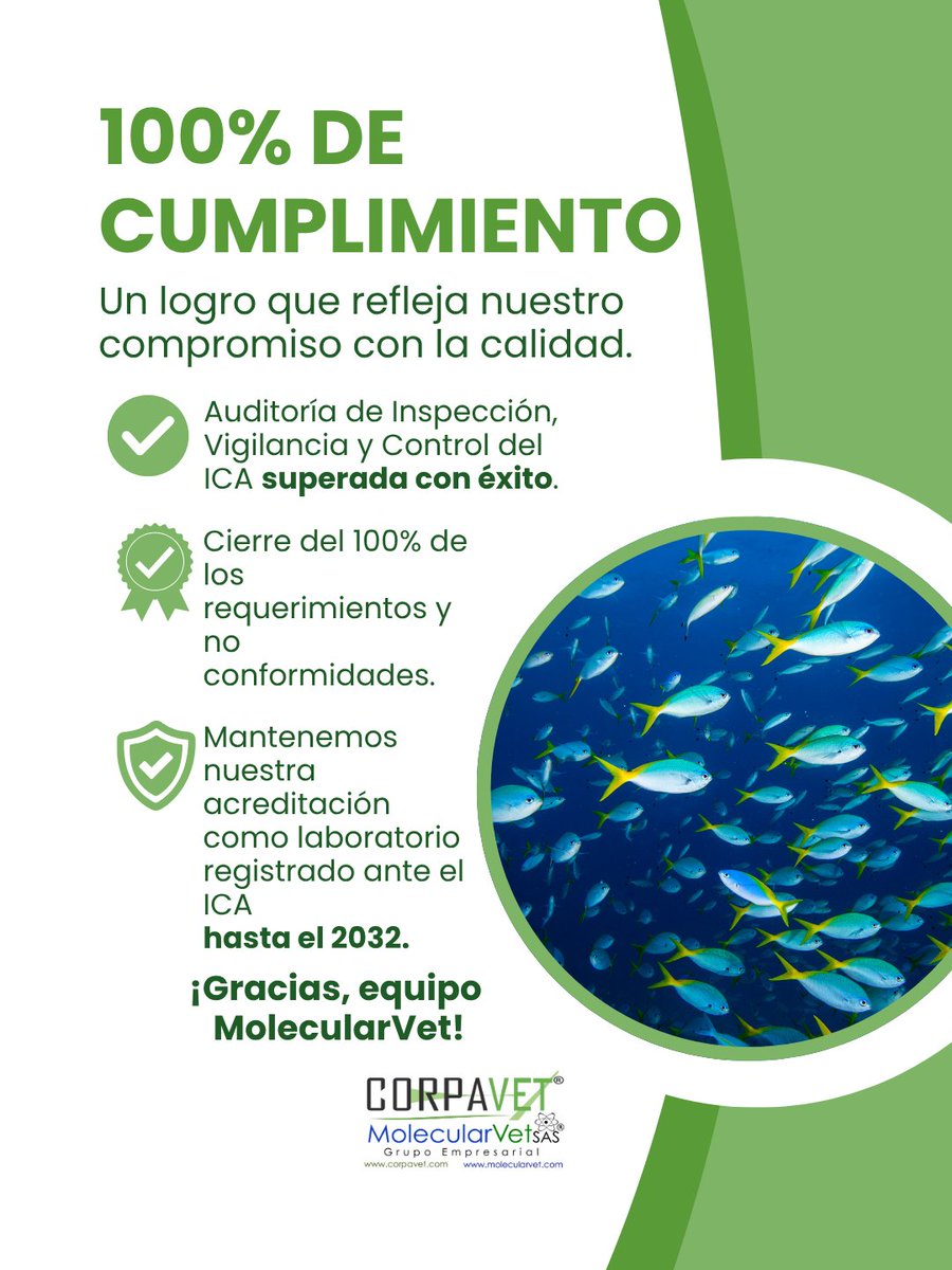 CORPAVET's tweet photo. ¡Lo logramos! 🎉
El ICA confirmó el cierre del 100% de los requerimientos de auditoría en nuestras sedes de Neiva y Bogotá. Un resultado que reafirma nuestro compromiso con la calidad. ✅
#MolecularVet #ICA #Calidad https://t.co/uSuqyTo3yj