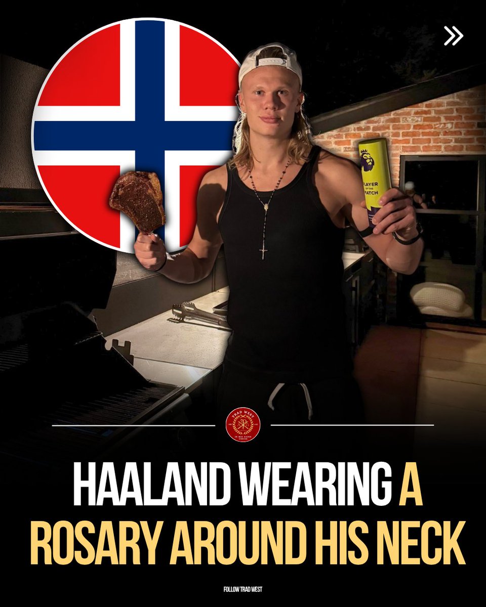 trad_west_'s tweet photo. Erling Haaland was seen wearing what appears to be a rosary-style cross necklace around his neck. https://t.co/ES0ya0fSKk