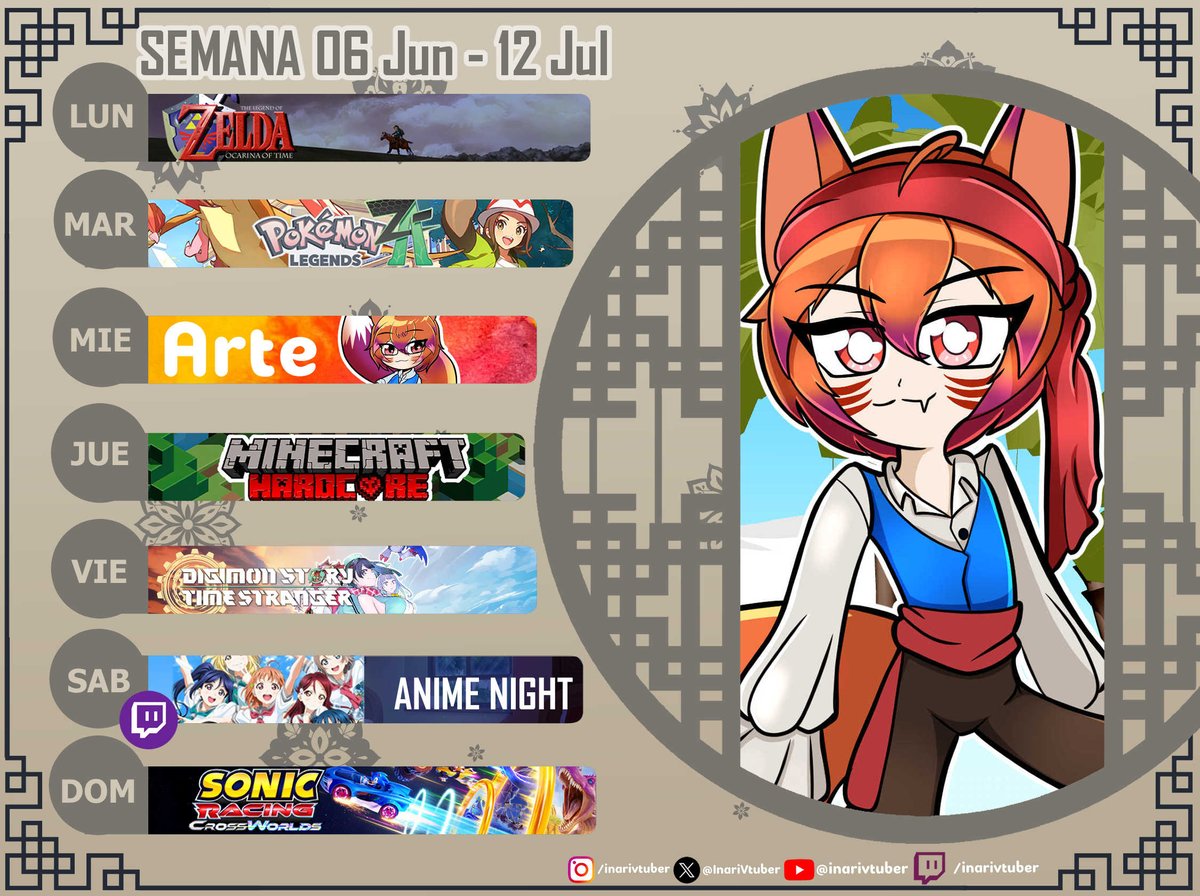 InariWhooves's tweet photo. 🦊🧧CALENDARIO DE STREAMS🧧🦊
Inari esta de vacaciones!! pero no de los directos.

NOS VEMOS EN LOS DIRECTOS!
🇲🇽 7:00 PM (GMT-6)
🇪🇸 3:00 AM
🇺🇾 10:00 PM
🇨🇱 10:00 PM
🇵🇪 8:00 PM https://t.co/H1A2iSfAyV
