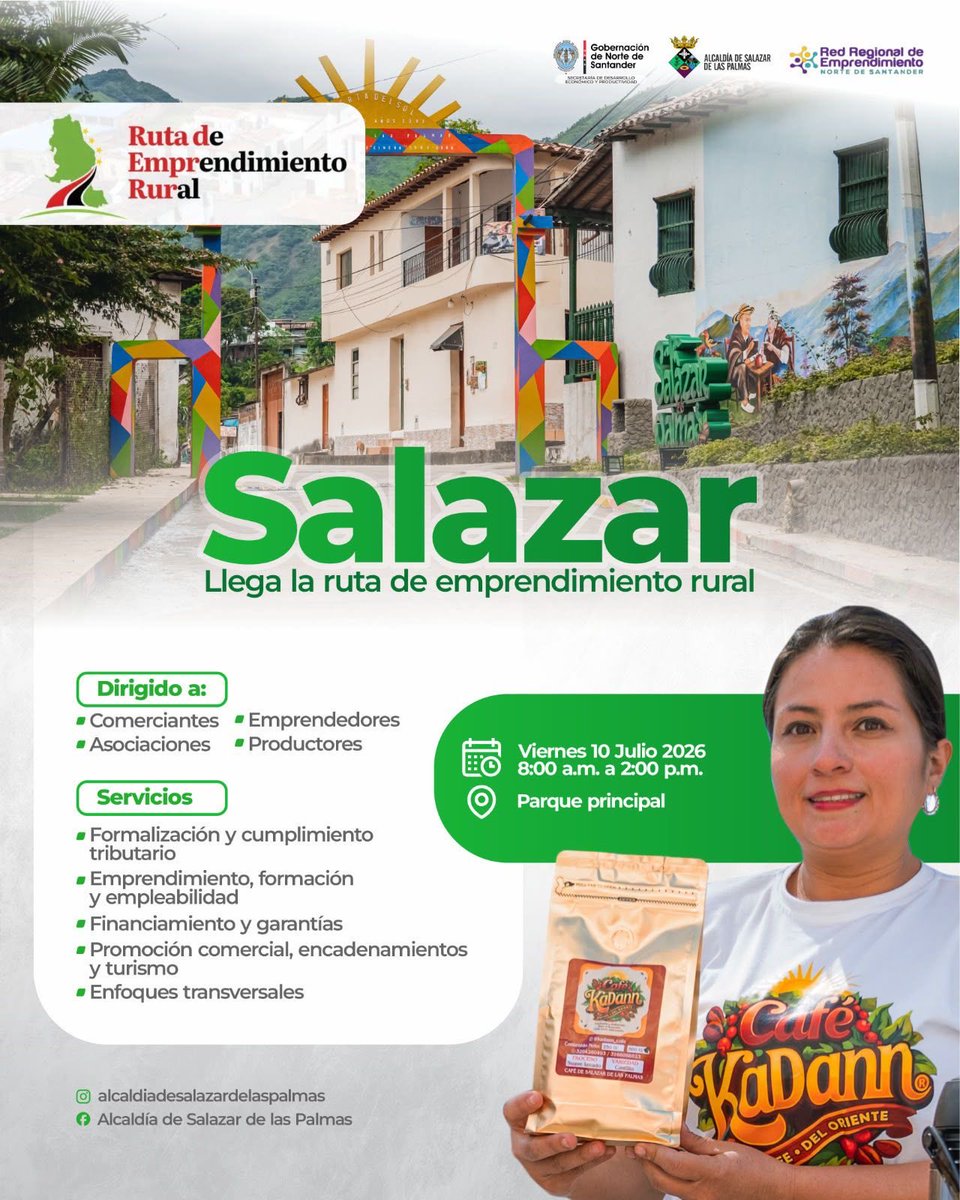 GoberNorte's tweet photo. 🛣️ ¡Vuelve la Ruta de Emprendimiento Rural 2026!

📍Primera parada: #SalazarDeLasPalmas.

🗓️ 10 de julio | 🕗 8:00 a. m. - 2:00 p. m. | Parque Principal.

🤝 Emprendedores y comerciantes podrán conocer la oferta institucional para fortalecer sus negocios. https://t.co/duDaX1B85k