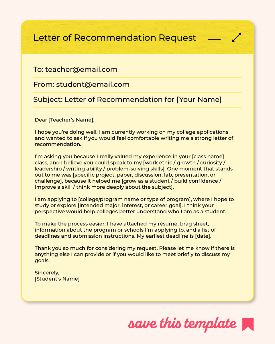ACTStudent's tweet photo. Recommendation letters don’t have to be awkward.

Ask early. Pick someone who knows your growth. Send your résumé, brag sheet, program info, and deadlines.

Save this template before college app season gets busy. 📌 https://t.co/3m5U48lipz