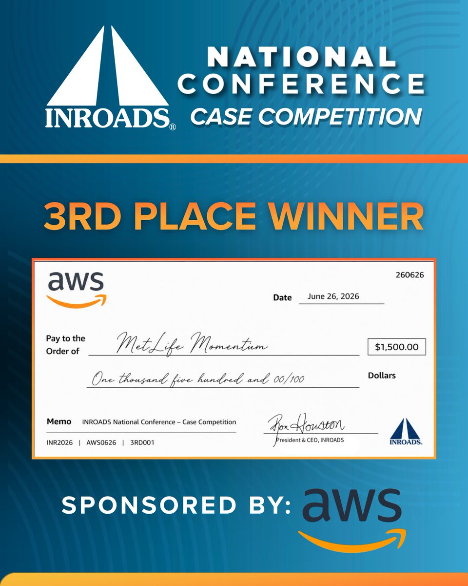 INROADS's tweet photo. 🏅 Congratulations to the recipients of the inaugural INROADS National Case Competition awards!

Thank you to @AWS (AWS) for sponsoring this inaugural competition and helping empower the next generation of leaders!

#INROADS #AWS #CaseCompetition #LeadershipDevelopment https://t.co/h2ItmShL1U