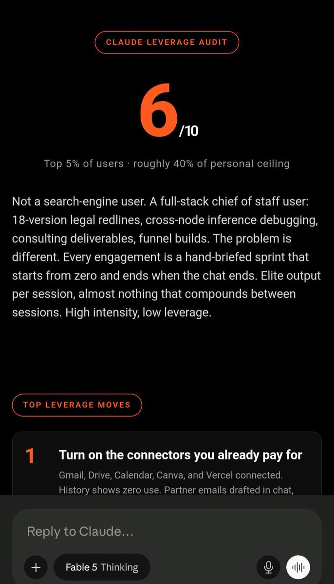 jeffjhunter's tweet photo. DO THIS before you lose access to Fable 5 tomorrow ! 🤖 
After July 7 it's pay-per-token. The smartest model most people have ever touched, and they used it to write emails.

So before it goes, I made it audit my ENTIRE chat history.

It scored me 6 out of 10.

Publishing it anyway. Here's what it caught:

→ I solved the same install problem 4 separate times instead of building a system once
→ I re-paste my brand guidelines by hand in almost every chat
→ I started a copywriter agent in May and abandoned it at phase 1
→ Verdict: "elite output per session, almost nothing that compounds between sessions"

Then it found my blind spot:
"You never ask what to kill."

Hundreds of chats asking how to build. Zero asking what to shut down.

That one line was worth more than my subscription.
The audit is 658 words. Two prompts. 

It digs through your history, ranks your highest-value moves by impact vs effort, scores your usage, and builds you a report card in your browser.

You have about 24 hours with the best model to run it.

Comment AUDIT and I'll send you the prompts 👇

PS. Post your results and hold yourself accountable See less