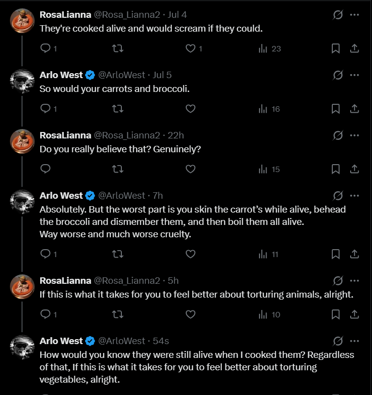 ArloWest's tweet photo. I guess if you cook lobsters it triggers vegetable sadists who skin carrots alive and dismember and behead brocoli. WTAF? https://t.co/Xk1WDDNHx0