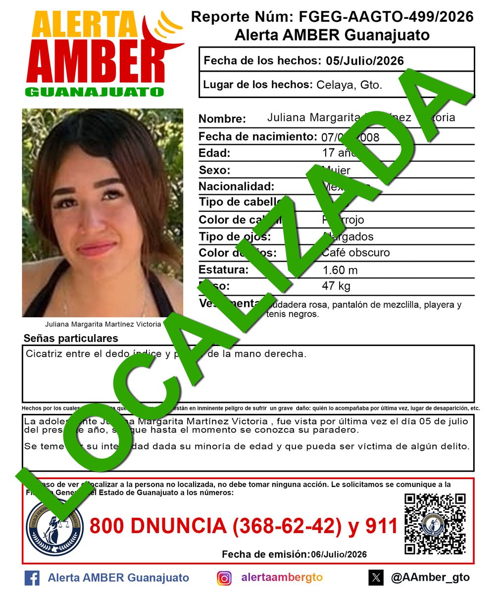 AAMBER_gto's tweet photo. Desactivación de la Alerta AMBER Guanajuato de la adolescente Juliana Margarita Martínez Victoria de 17 años, Celaya, Gto. ¡Gracias por tu ayuda! https://t.co/mPKMbTKe0Z