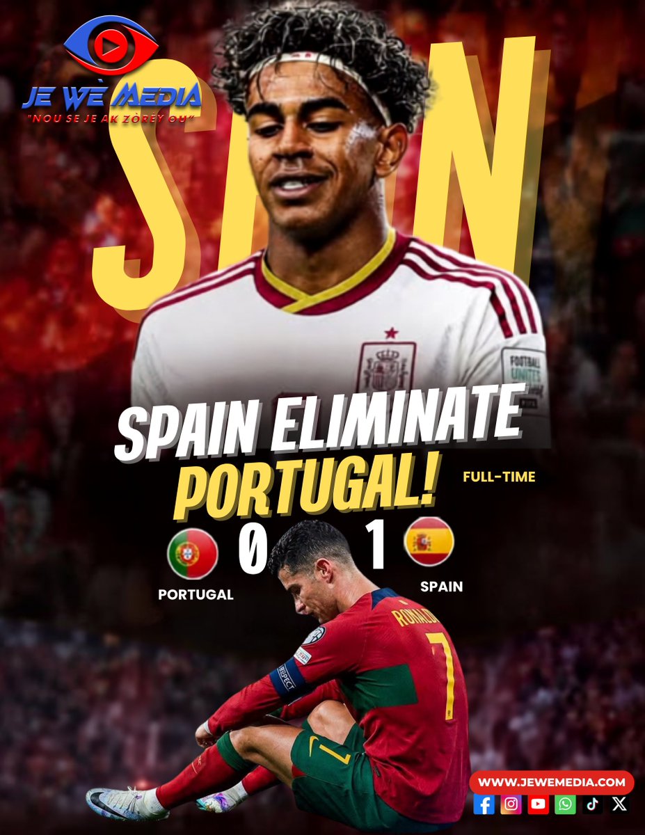 WanshyD's tweet photo. 🚨Fin de l’aventure pour Cristiano Ronaldo et le Portugal 🇵🇹. Battus par l’Espagne 🇪🇸 en huitième de finale, les Portugais quittent la Coupe du Monde plus tôt qu’espéré. Une élimination qui laissera certainement un goût amer aux supporters portugais.
#jewemedia #spain #portugal https://t.co/uhM83LuYc7