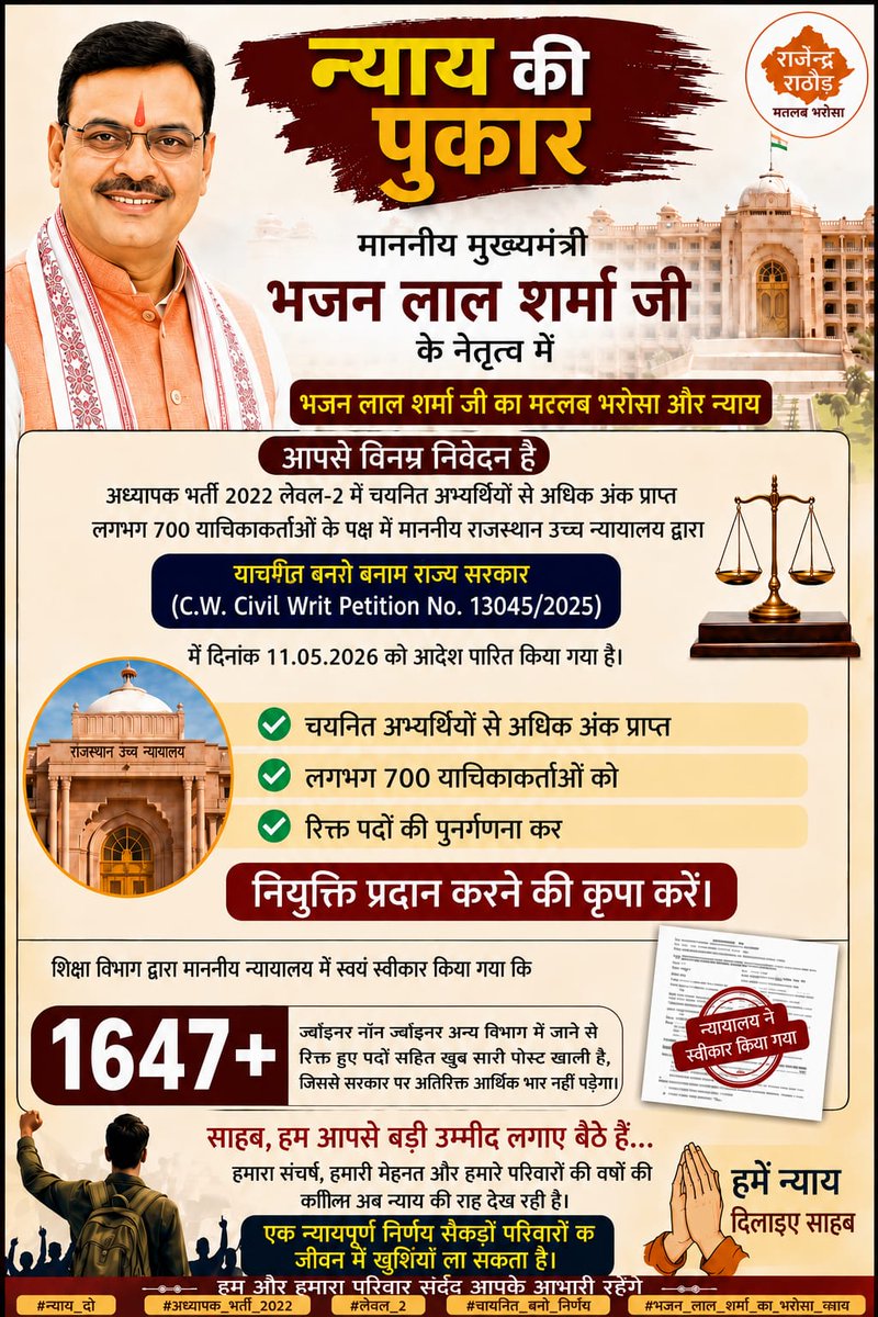 Pdevrajgurjar's tweet photo. @DrGopal_Sharma माननीय @DrGopal_Sharma  जी 

क्या हमें न्याय मिलेगा ❓

#अध्यापक_भर्ती_2022
#लेवल_2_में_चयनित_से_अधिक_अंक_वाले

#केवल 700याचिकाकर्ता माननीय उच्च न्यायालय के आदेश अनुसार नियुक्ति प्रदान करने की कृपा करे

हम #पिछले 4 साल से पीड़ित ह

आप ही उम्मीद की अंतिम किरण हो साहब @BhajanlalBjp https://t.co/cKIZrCWkry