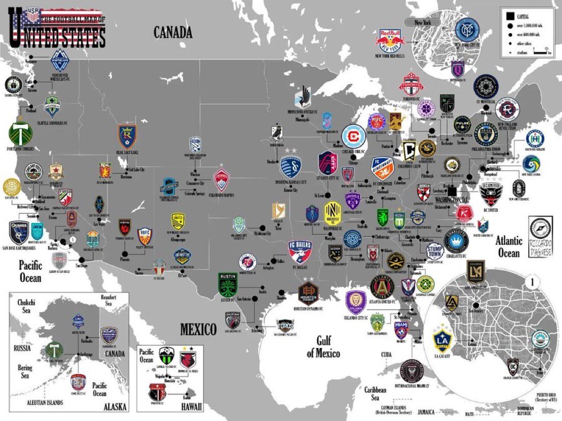 FavianRenkel's tweet photo. Attention all new US Soccer fans: Here’s a map of all the domestic teams. Choose one and support!

#MLS #USL https://t.co/tHMgNIsZbP