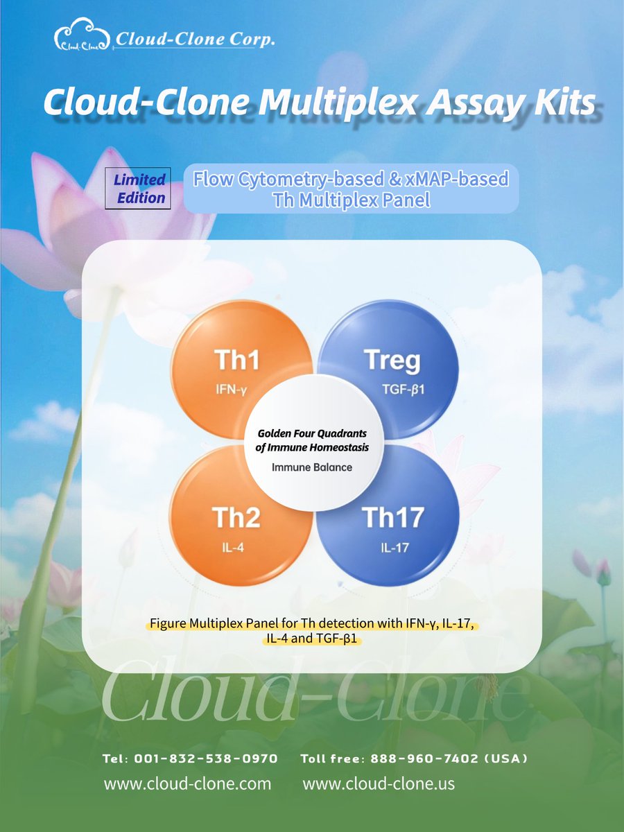 Cloud_CloneCorp's tweet photo. ✨Cloud-Clone 4-plex Th subset Multiplex Panel (IFN-γ/IL-17/IL-4/TGF-β1)
👉Built on Luminex xMAP liquid phase microarray technology, this multiplex assay simultaneously detects signature cytokines of four CD4+ T cell subsets (Th1, Th2, Th17, Treg) within a single 25 μL reaction. https://t.co/CyZgstycUh