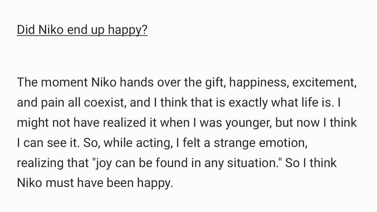 TiffanyProjects's tweet photo. Niko's happiness : while acting, I felt a strange emotion, realizing that "joy can be found in any situation." So I think Niko must have been happy.

Full interview in link. https://t.co/EXiStsalu3