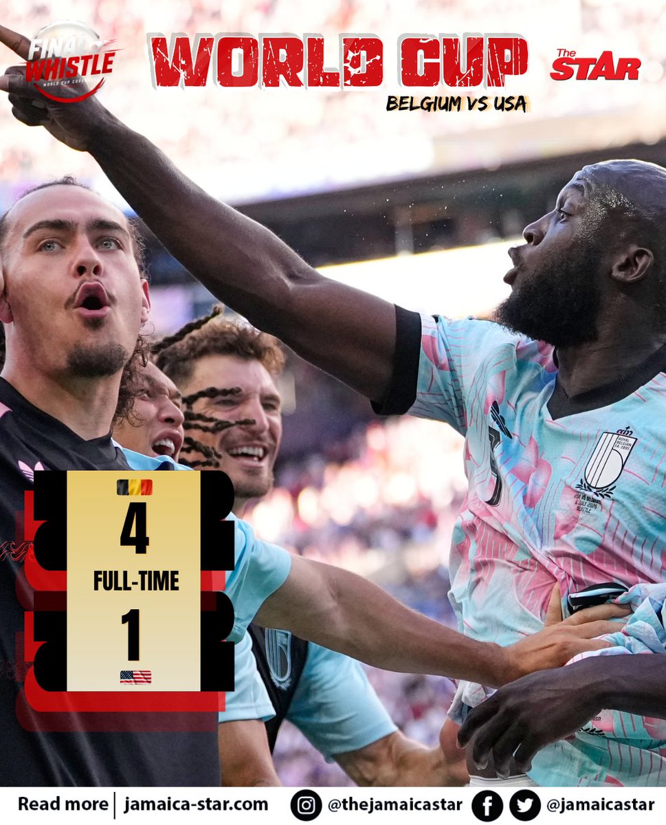 jamaicastar's tweet photo. #StarSports: Belgium seals its place in the quarterfinals! 🇧🇪

Second-half substitute Romelu Lukaku put the finishing touch on Belgium's dominant display, scoring in stoppage time to make it 4-0.

The Red Devils leave no doubt. 

#WorldCup #FinalWhistle https://t.co/0Xtx0QhsvP