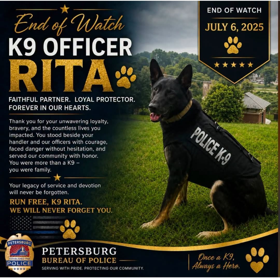 H2Heroes7's tweet photo. End of Watch for K9 Officer Rita, she served with the Petersburg Police Bureau. Pray for those who will miss her the most. Run Free K9 Rita... https://t.co/kBU1EOIdx5