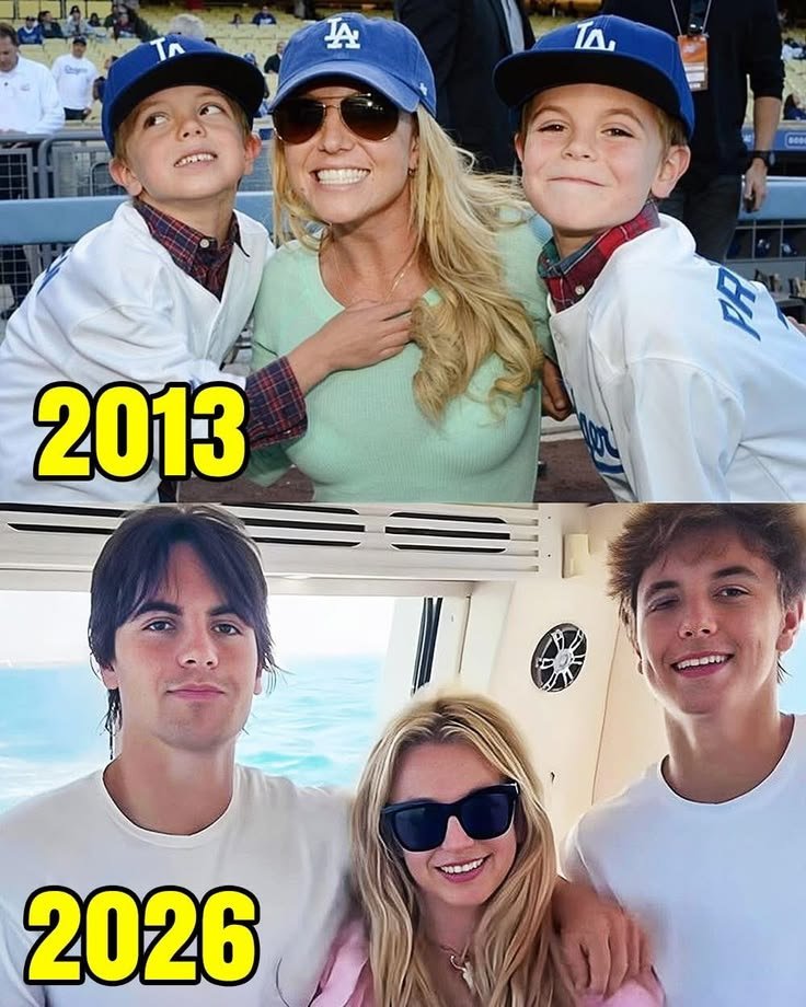DullahTheking2's tweet photo. Different years, same tight bonds.....{THEN vs NOW} 🔥

Britney Spears alongside her two young sons, Sean Preston and Jayden James.

📷 2013.
📷 2026. https://t.co/IIt8jbP30U