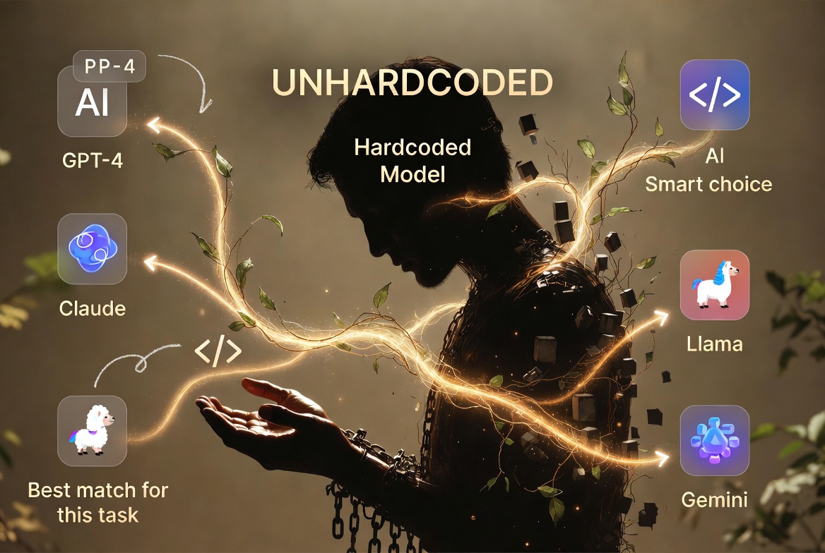 Rfattaz1's tweet photo. I used to think hardcoding a model name was just a harmless shortcut.
One line in config, done. 
Until I watched the bill creep up because even the dumbest queries were still hitting the biggest, priciest model we picked half a year ago.
unhardcoded works like a smart decision https://t.co/q072MmPBwH